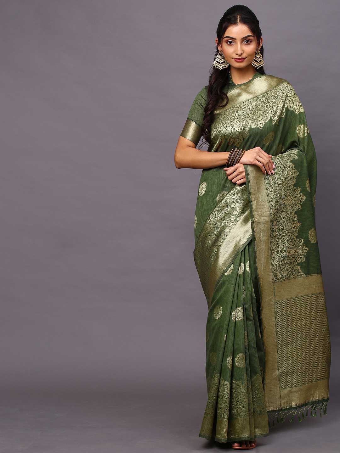 

Mitera Ethnic Motifs Woven Design Zari Banarasi Saree, Olive