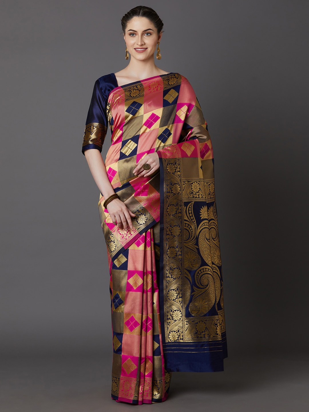 

Mitera Geometric Woven Design Zari Saree, Navy blue