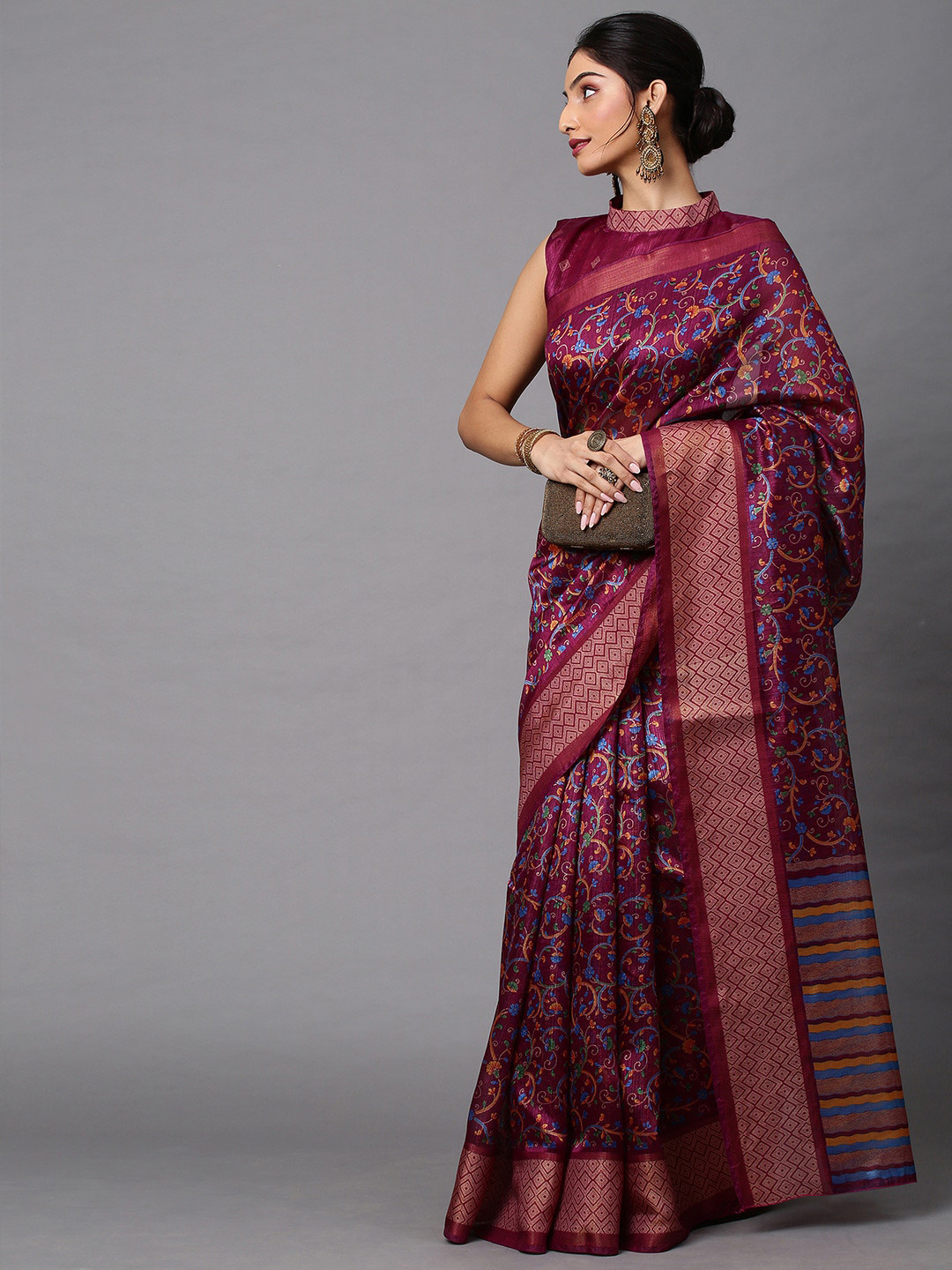 

Mitera Floral Printed Banarasi Saree, Magenta