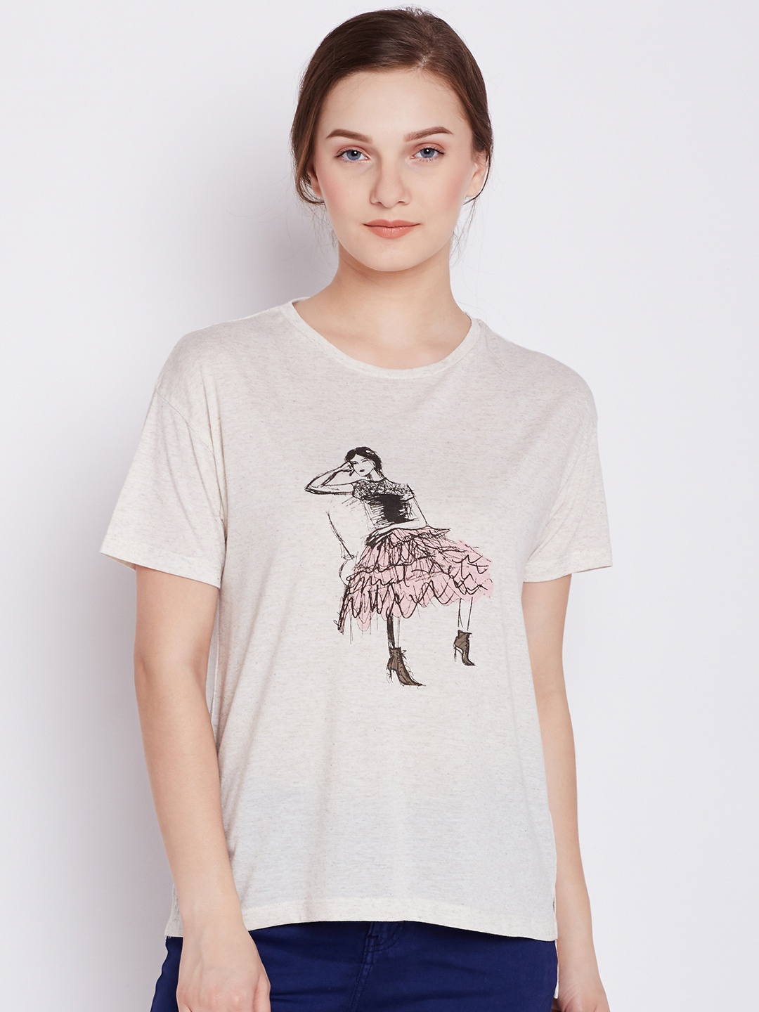 

COVER STORY Women Off-White Printed Round Neck T-shirt