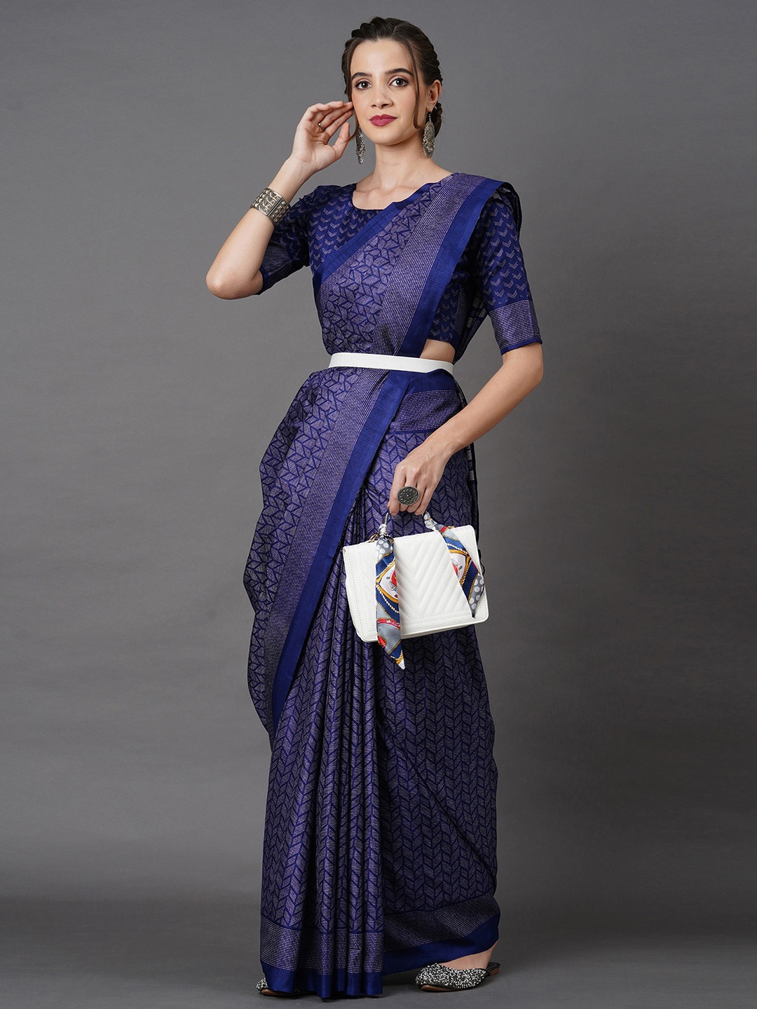 

Mitera Geometric Block Print Saree, Navy blue