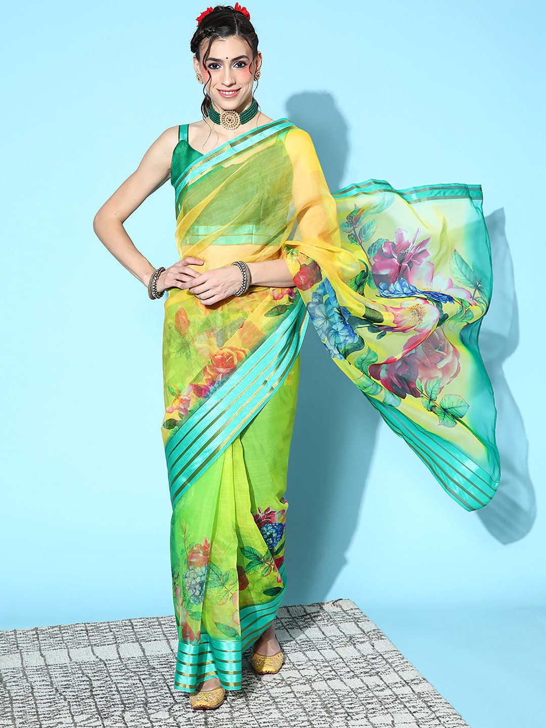 

Mitera Floral Printed Striped Border Saree, Green