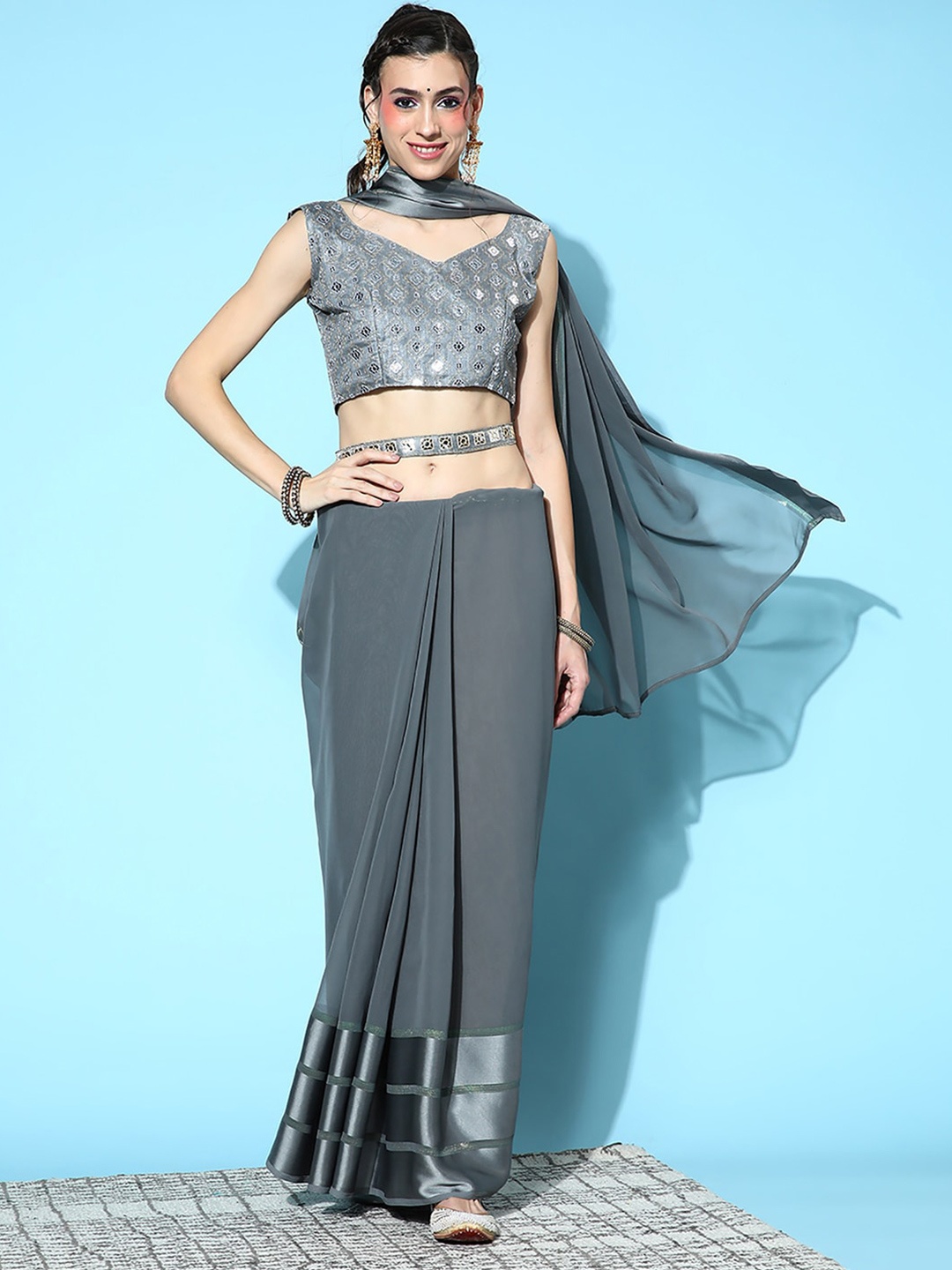 

Mitera Poly Georgette Saree With Embellished Blouse, Grey