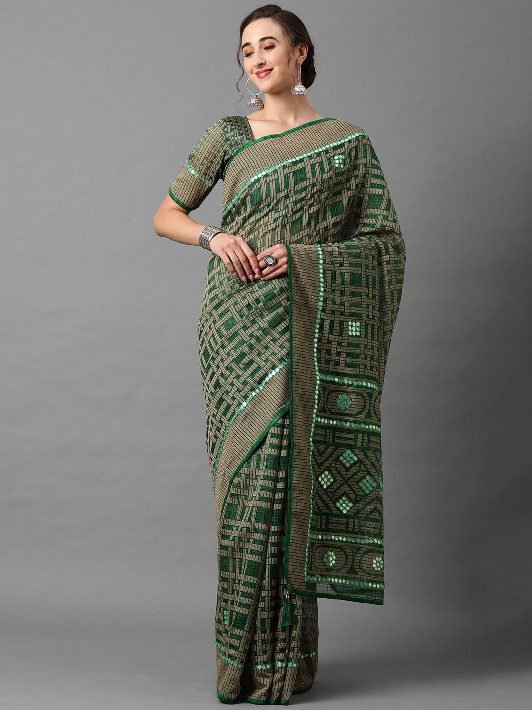 

Mitera Geometric Woven Design Mirror Work Brasso Saree, Green
