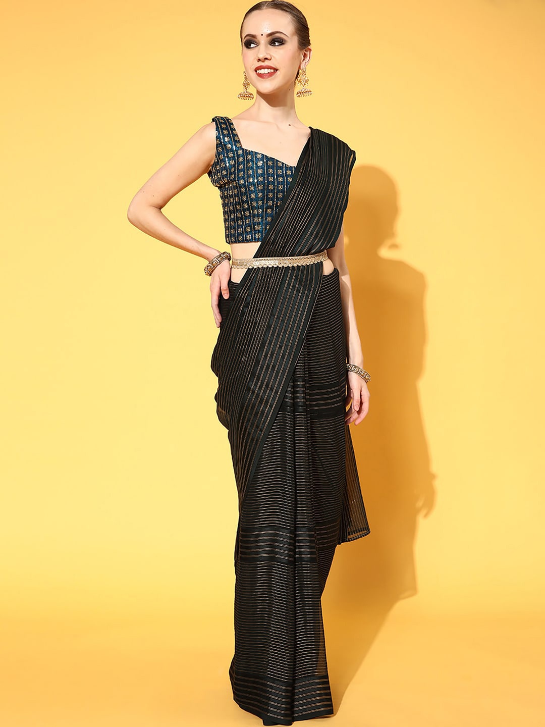 

Mitera Striped Poly Georgette Saree, Green