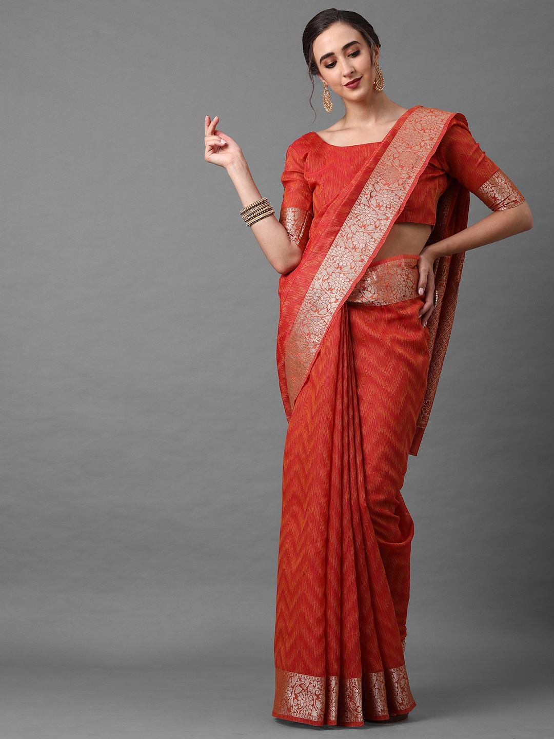 

Mitera Woven Design Zari Silk Cotton Banarasi Saree, Rust