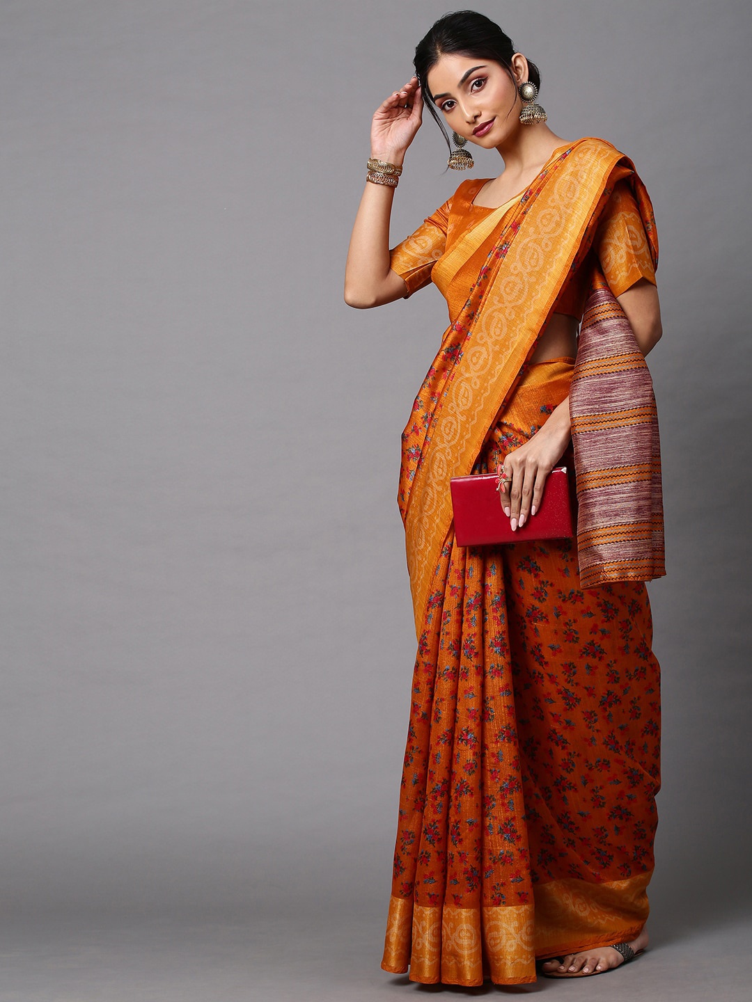 

Mitera Floral Printed Banarasi Saree, Mustard