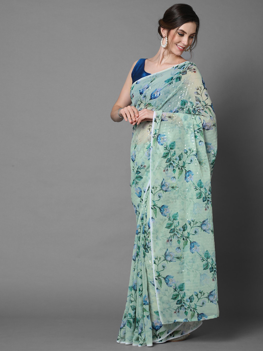 

Mitera Floral Printed Sequinned Saree, Sea green