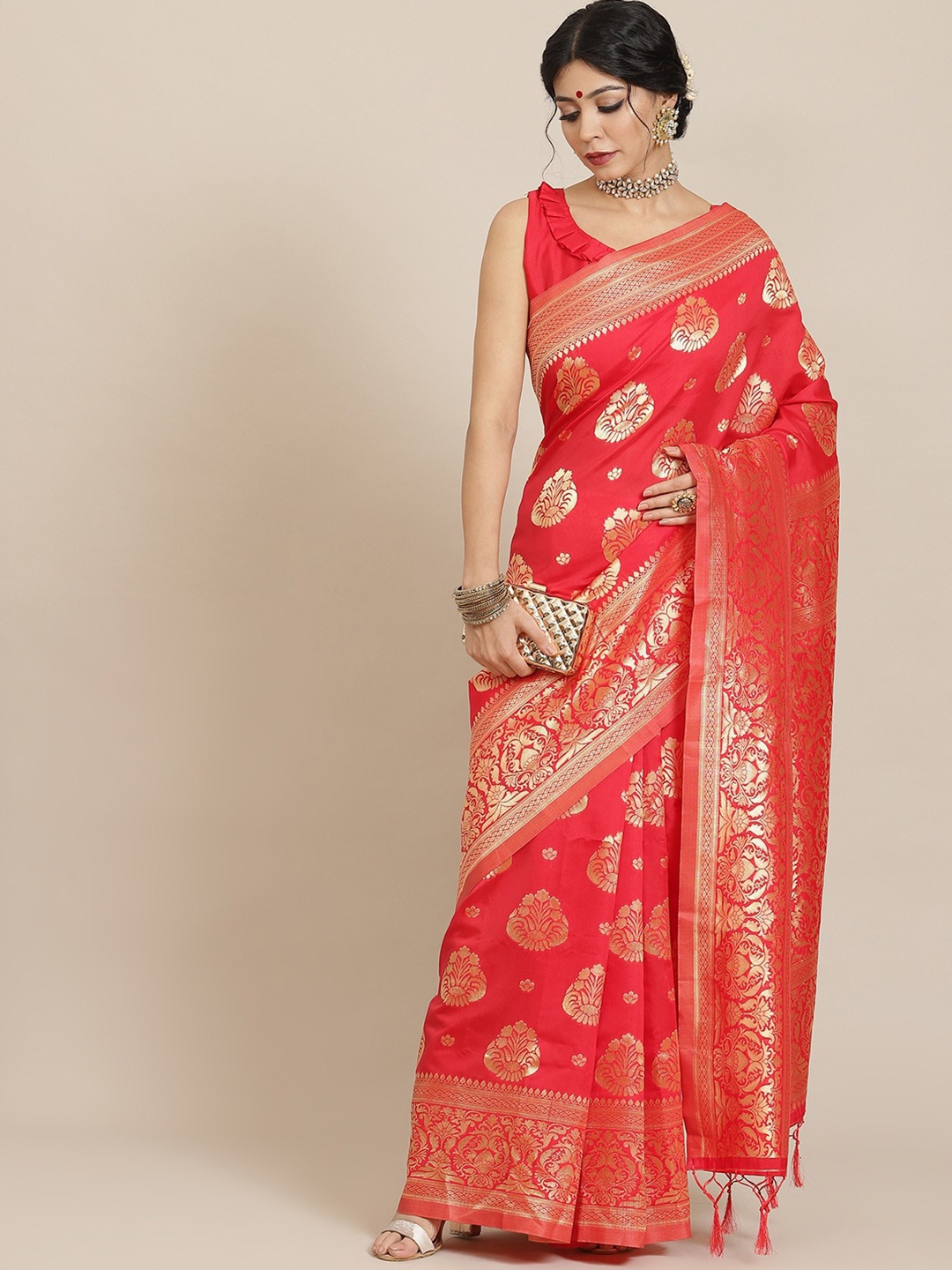 

Mitera Ethnic Motifs Woven Design Zari Banarasi Saree, Red