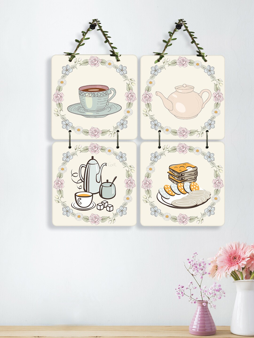 

RANDOM 4-Pieces Off-White & Pink Breakfast Quote Printed Wooden Wall Hangings