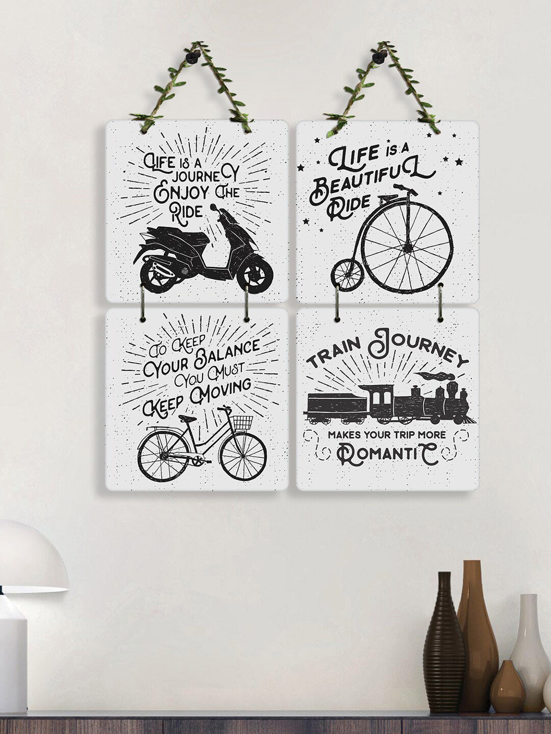 

RANDOM 4-Pieces White & Black Journey Quotes Printed Wooden Wall Hangings