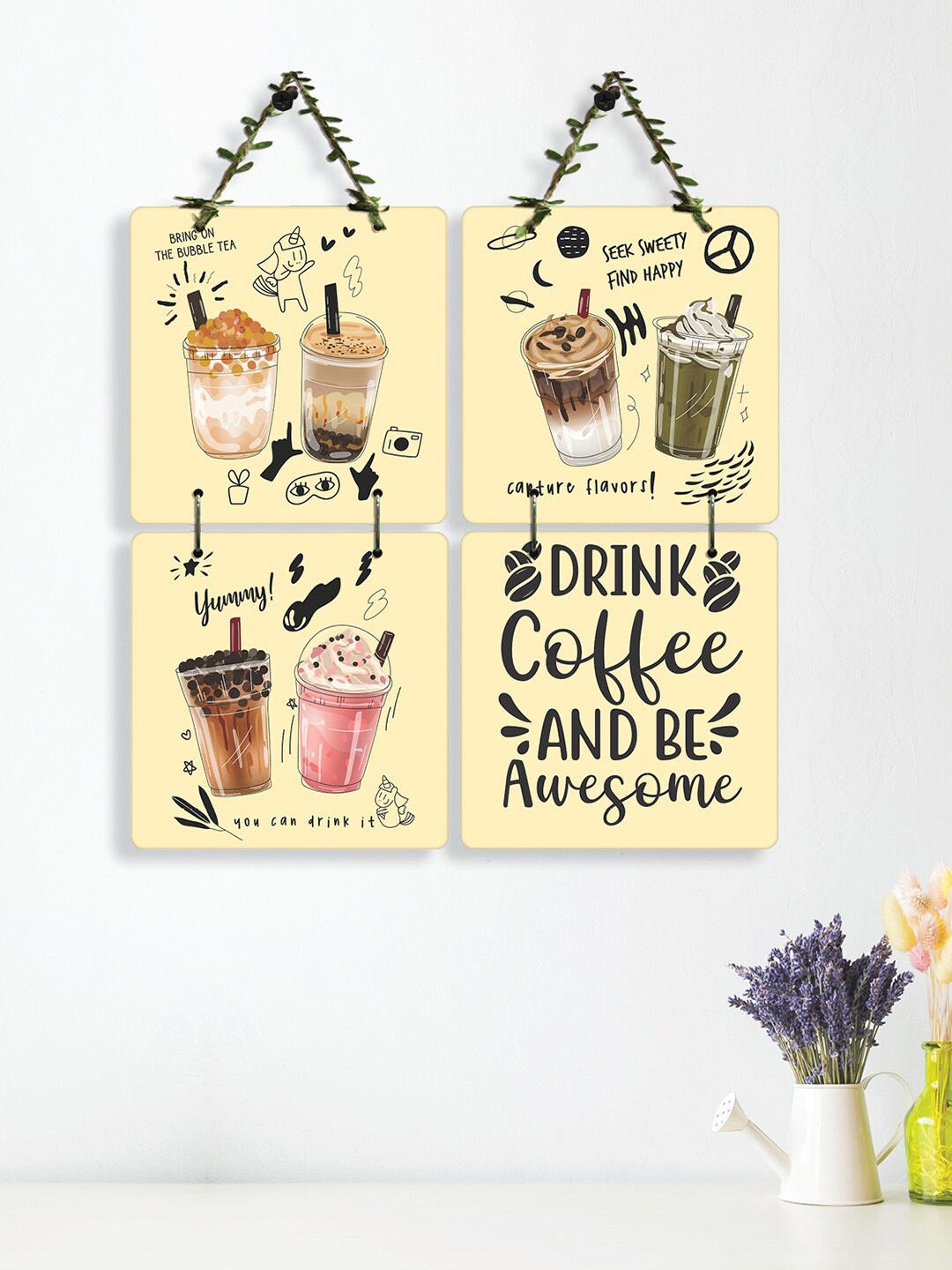 

RANDOM 4 Pcs Yellow & Black Printed Drink Coffee Quotes Wall Decor