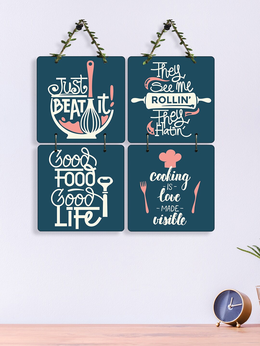

RANDOM 4 Pcs Navy Blue & Beige Printed Cooking Quotes Hanging Wall Decors