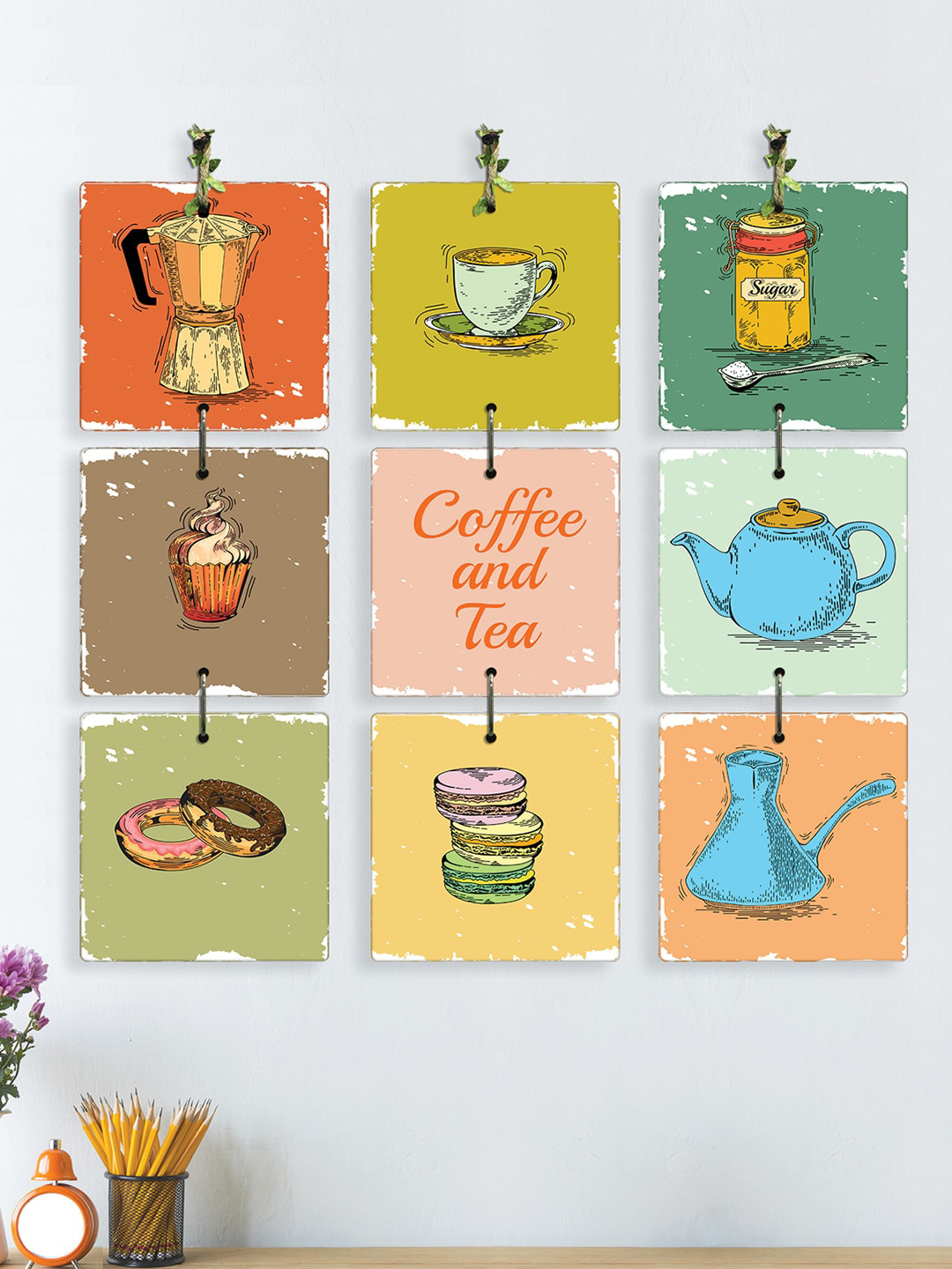 

RANDOM 9 Pcs Green & Blue Printed Coffee & Tea Quotes Hanging Wall Decor