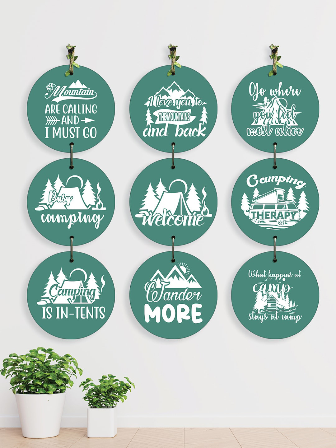 

RANDOM 9-Pieces Blue & White Camping Quotes Printed MDF Wooden Wall Hangings