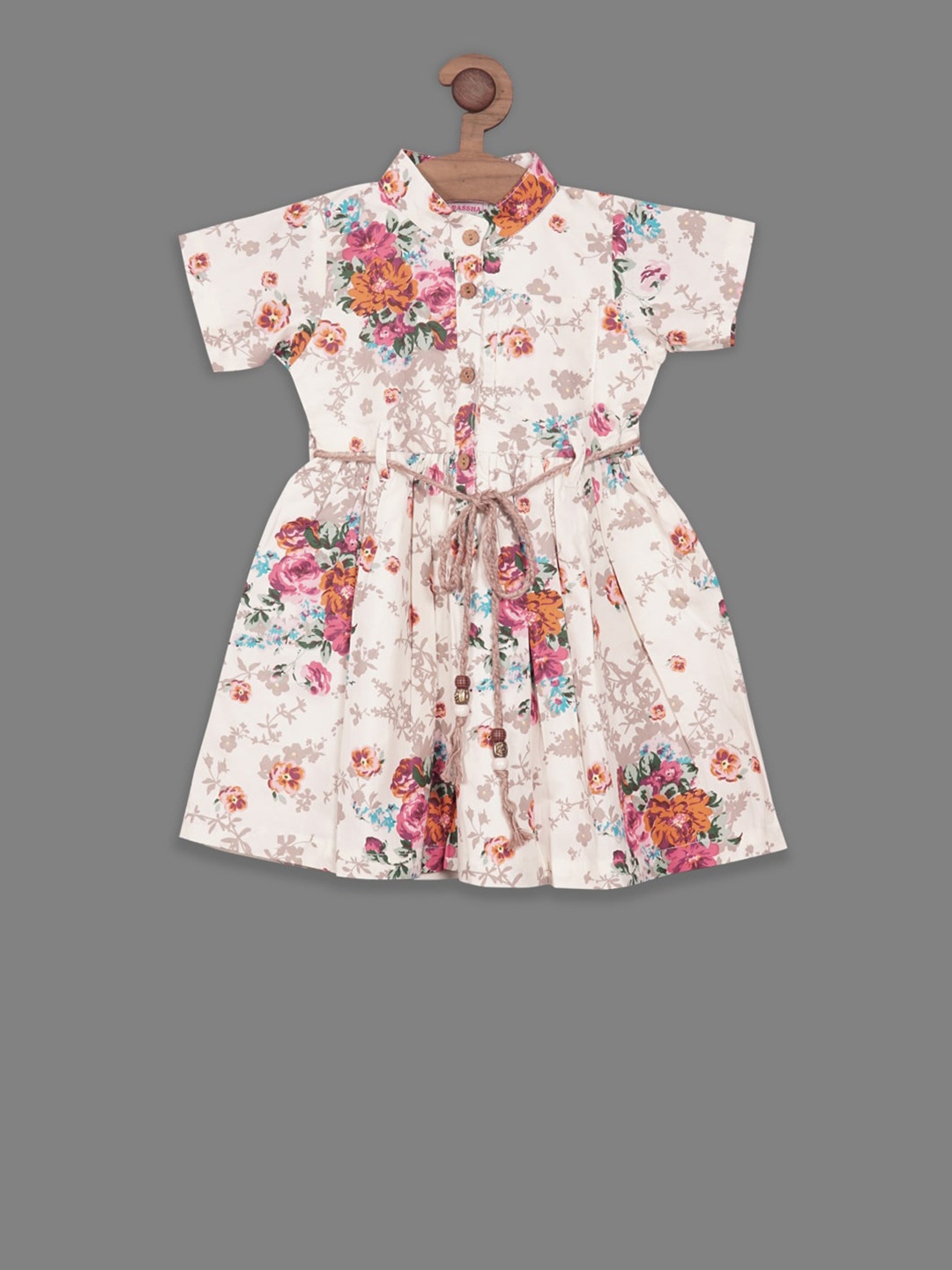 

RIKIDOOS Girls Floral Printed Shirt Cotton Dress, Off white