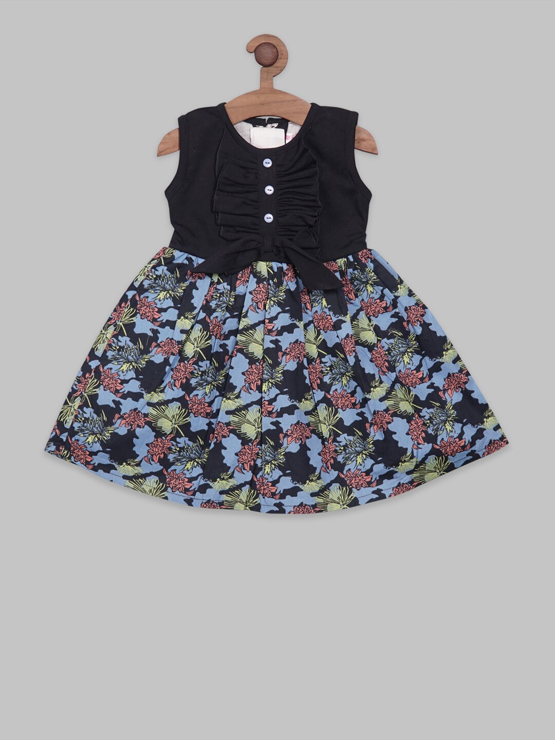 

RIKIDOOS Girls Floral Printed Bow Detail Cotton Fit & Flare Dress, Navy blue
