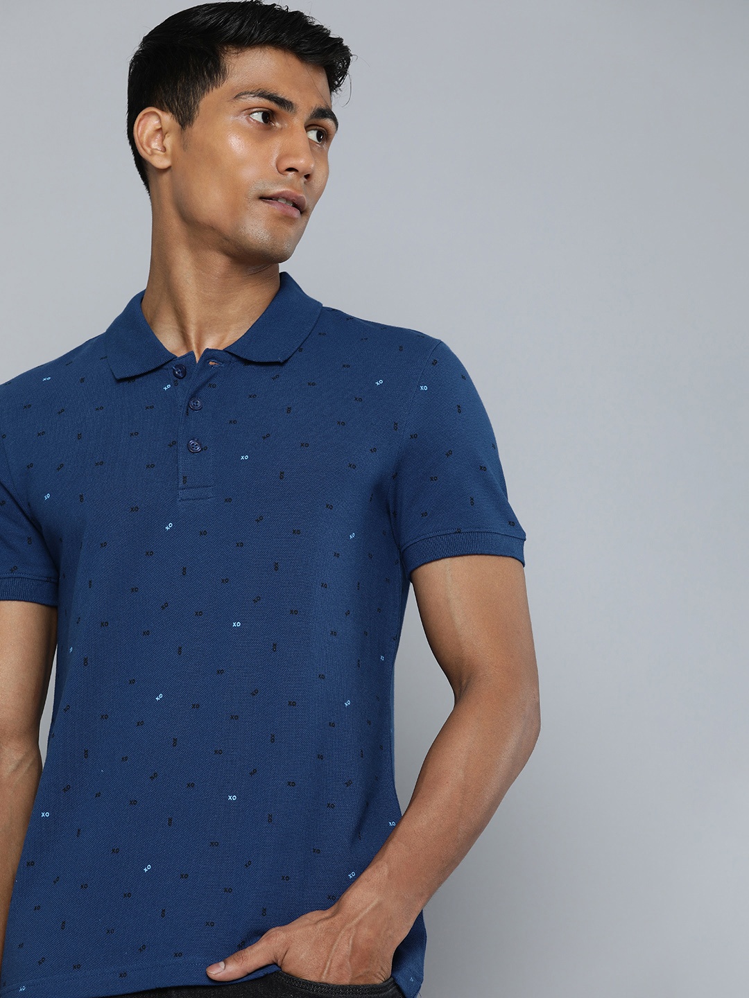 

ether Typography Printed Polo Collar T-shirt, Navy blue