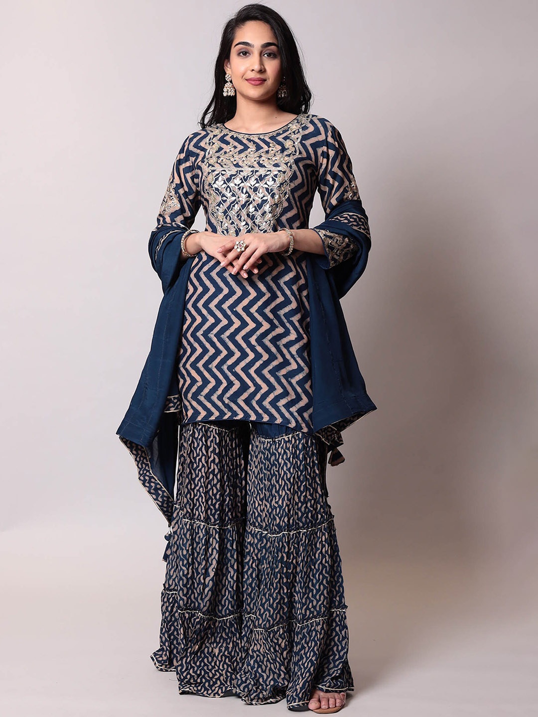 

ZARI Printed Gotta Patti Pure Cotton Kurta with Sharara & Dupatta, Blue