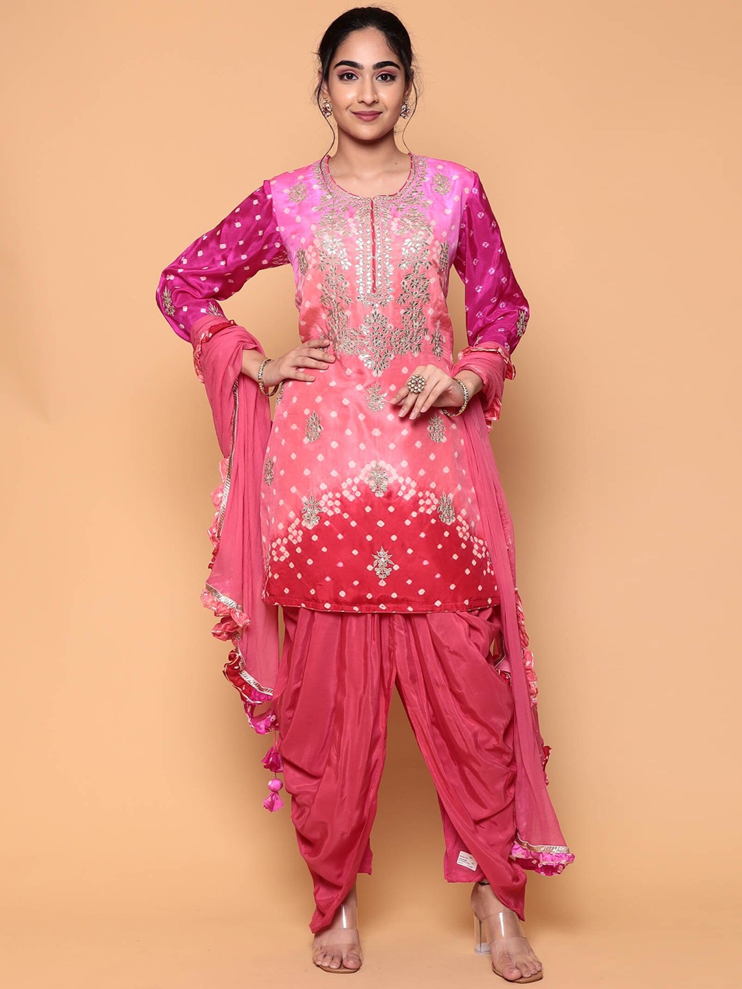 

ZARI Women Floral Embroidered Pure Silk Kurta With Dhoti Pants & Dupatta, Pink