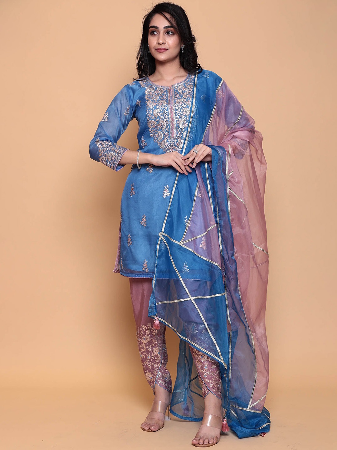 

ZARI Ethnic Motifs Gotta Patti Tie-Up Organza Kurta With Trousers & Dupatta, Blue