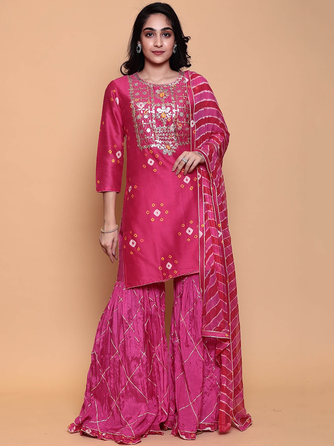 

ZARI Bandhani Printed Gotta Patti Pure Silk Kurta with Sharara & Dupatta, Pink