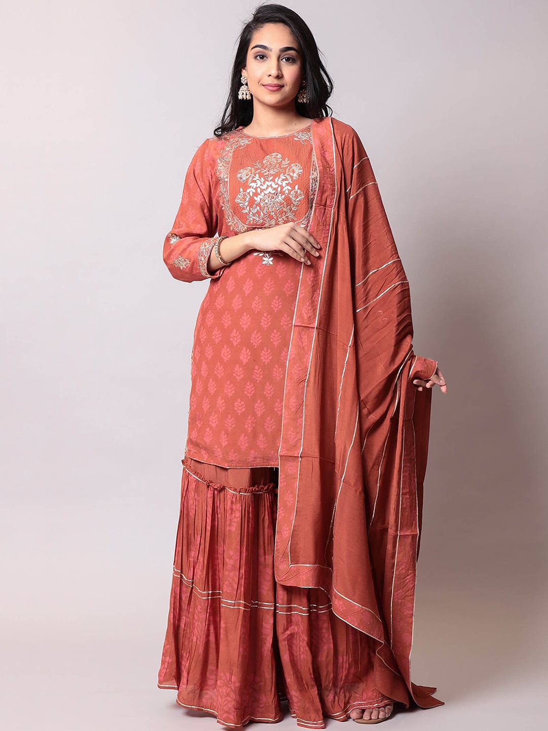 

ZARI Ethnic Motifs Printed Pure Cotton Kurta with Sharara & Dupatta, Brown