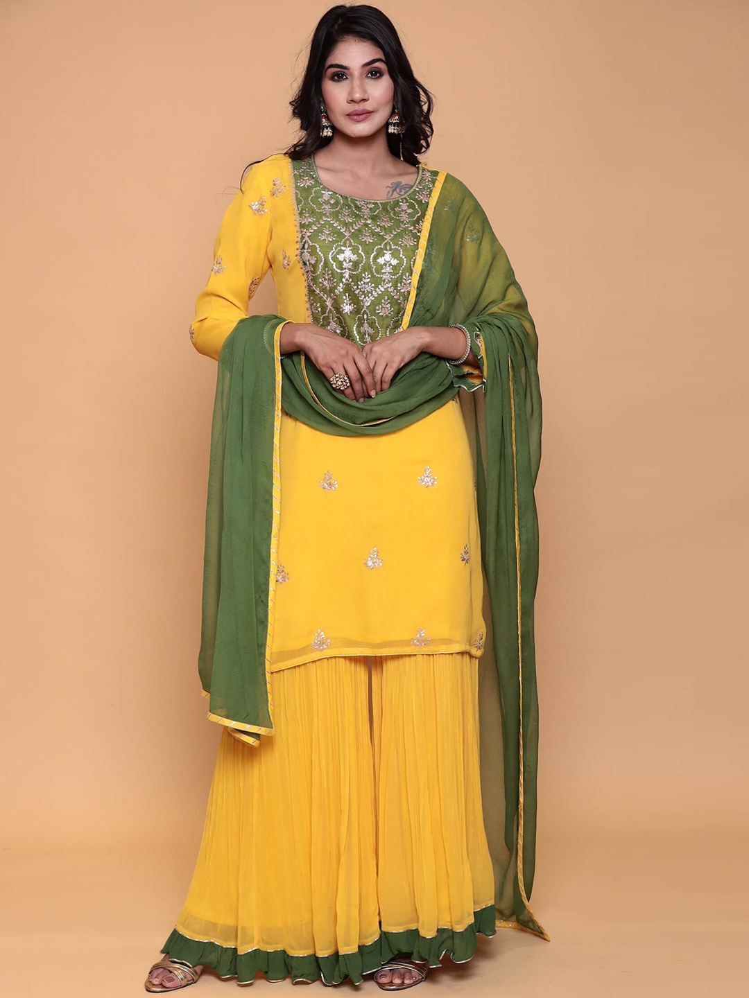

ZARI Round Neck Floral Printed Gotta Patti Georgette Kurta With Sharara & Dupatta, Yellow