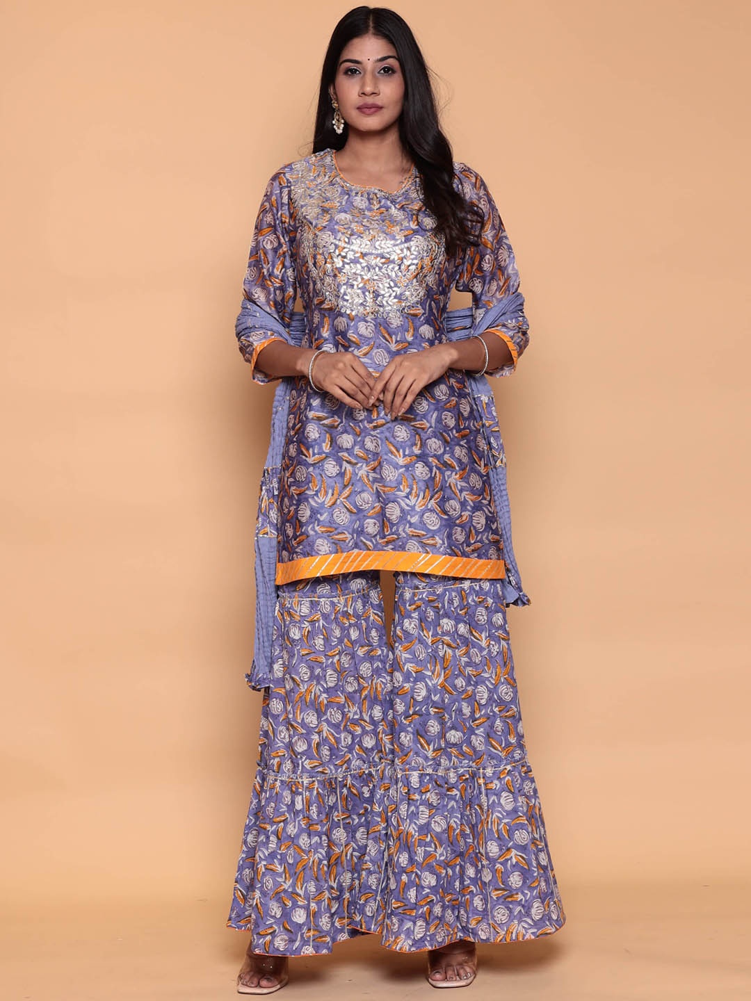 

ZARI Floral Printed Gotta Patti Pure Cotton Kurta with Sharara & Dupatta, Purple