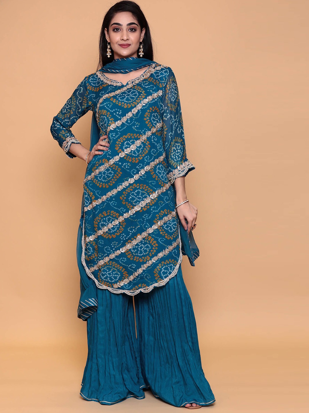 

ZARI Bandhani Printed Zardozi Kurta With Sharara & Dupatta, Blue