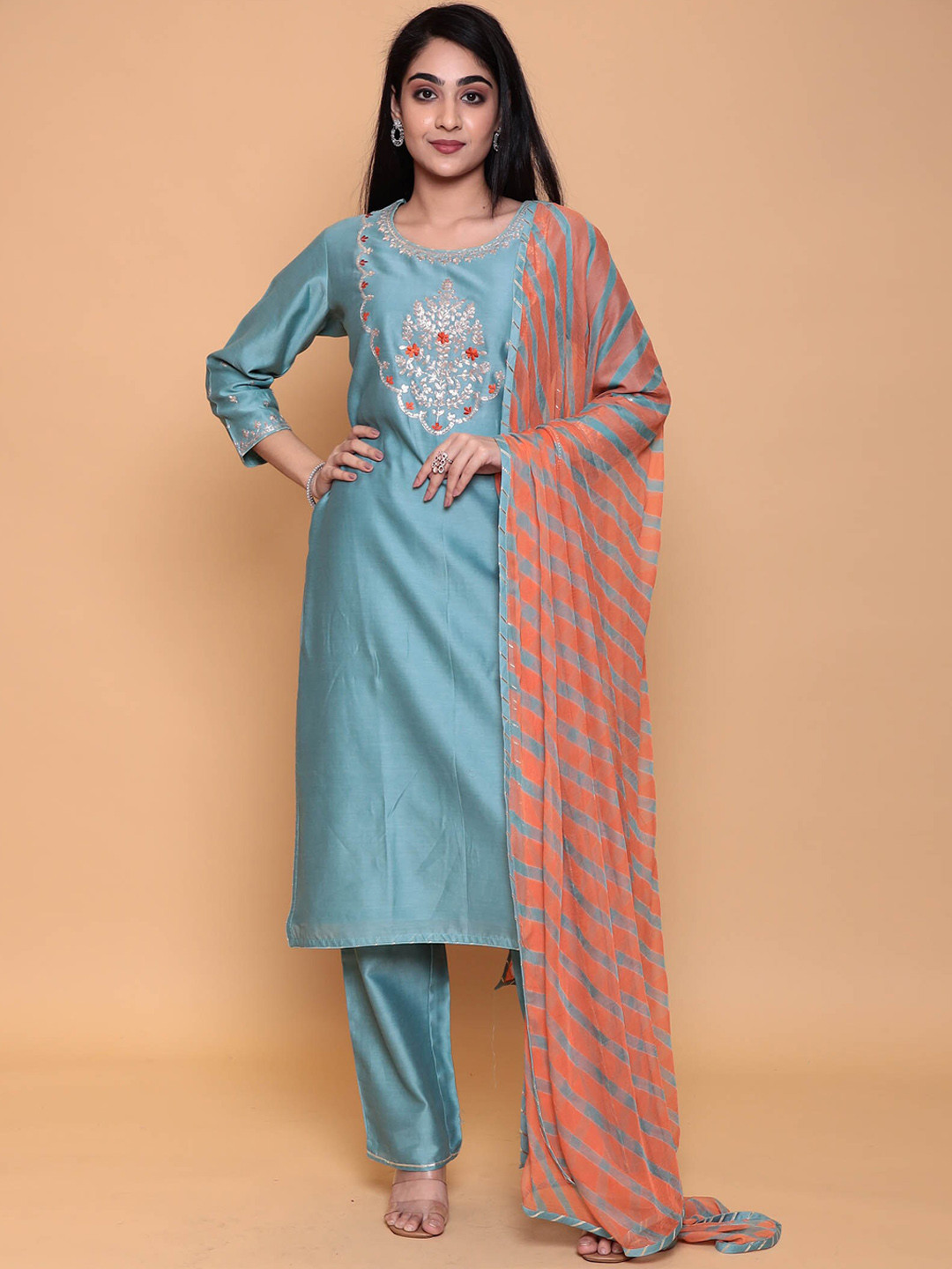 

ZARI Ethnic Motif Yoke Design Thread Work Cotton Silk Kurta With Trousers & Dupatta, Blue