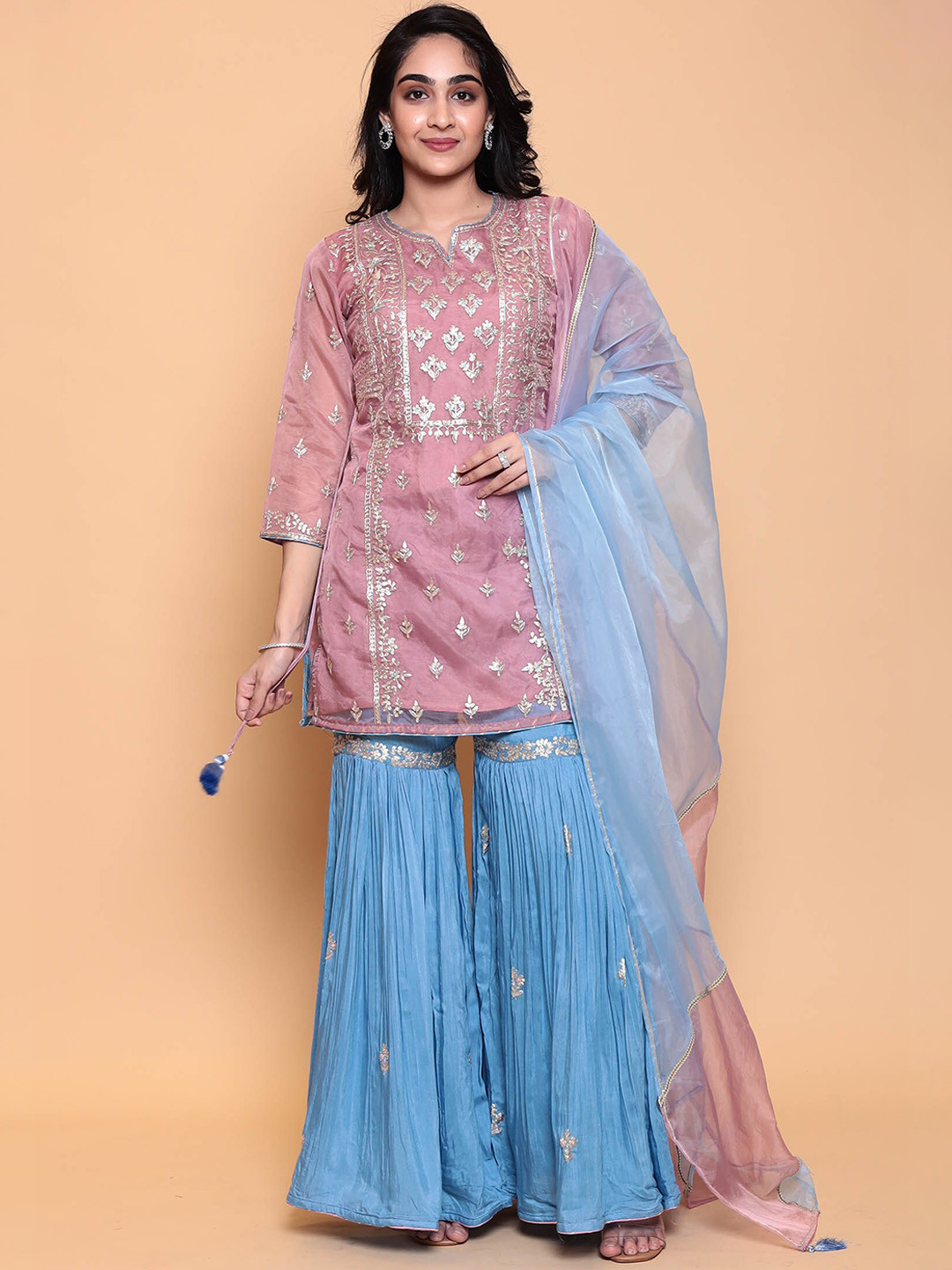 

ZARI Gotta Patti Kurta with Sharara & Dupatta, Pink