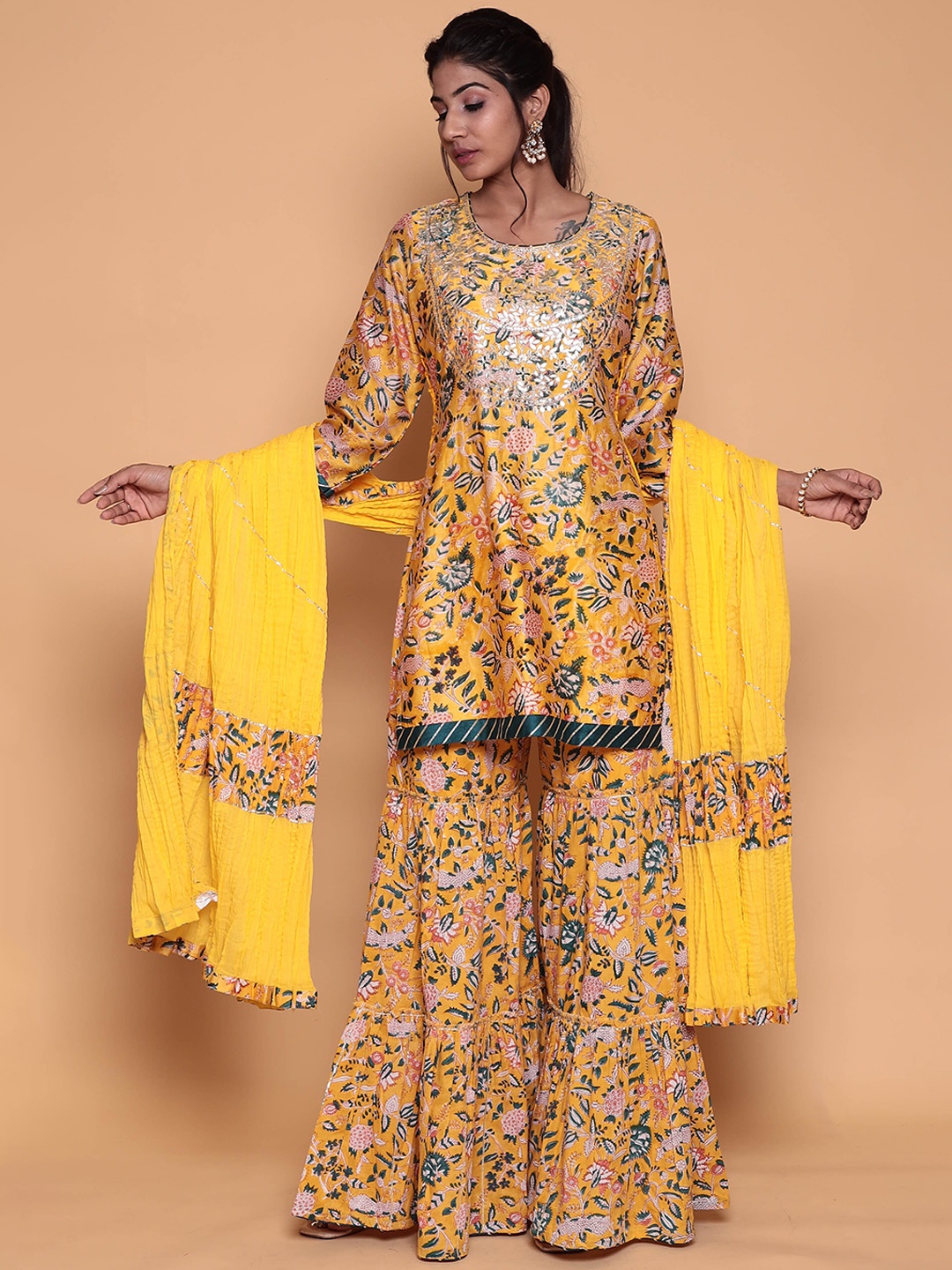 

ZARI Floral Printed Gotta Patti Pure Cotton Kurta with Sharara & Dupatta, Yellow