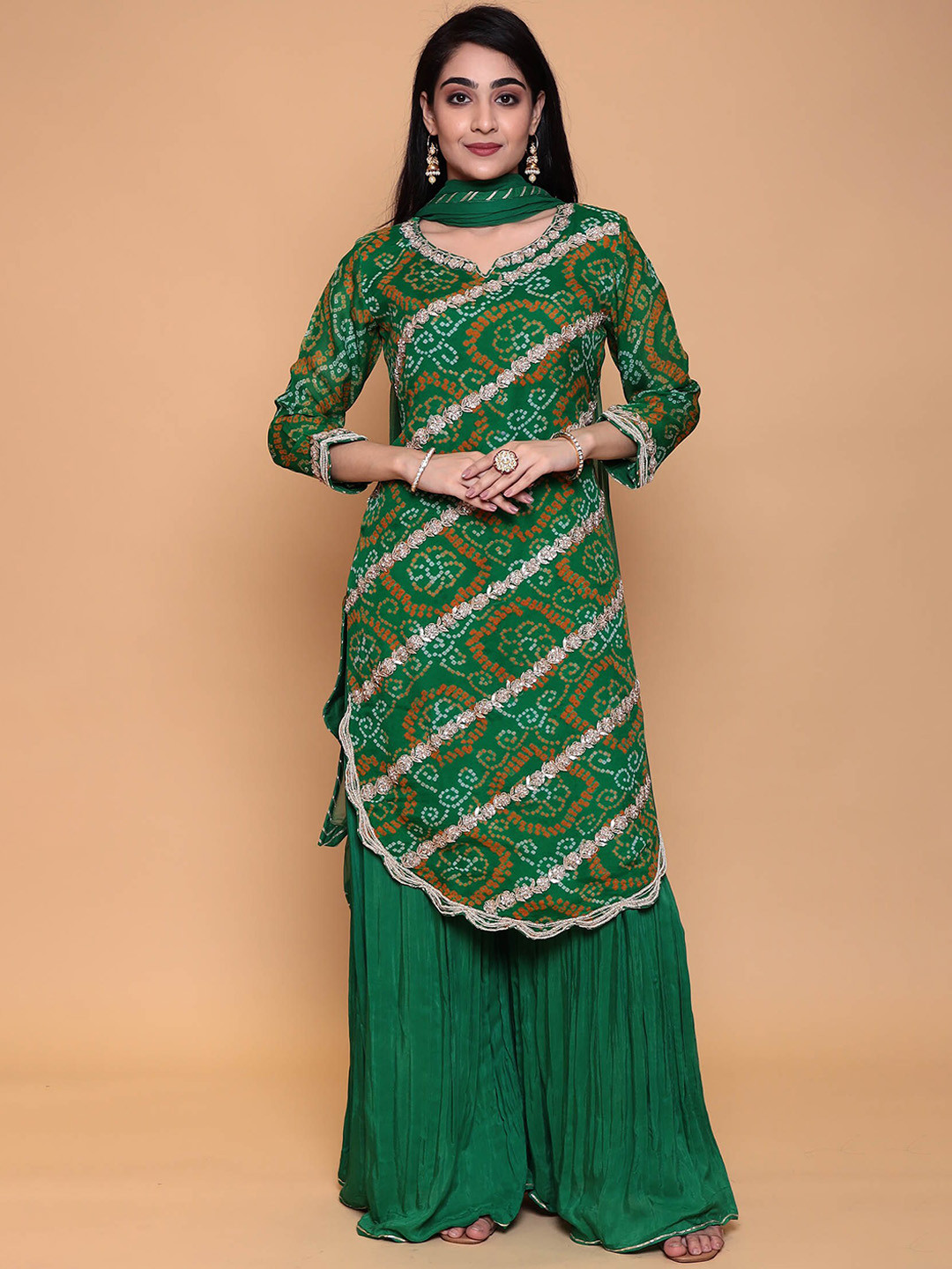 

ZARI Printed Notch Neck Kurta with Palazzos & Dupatta, Green