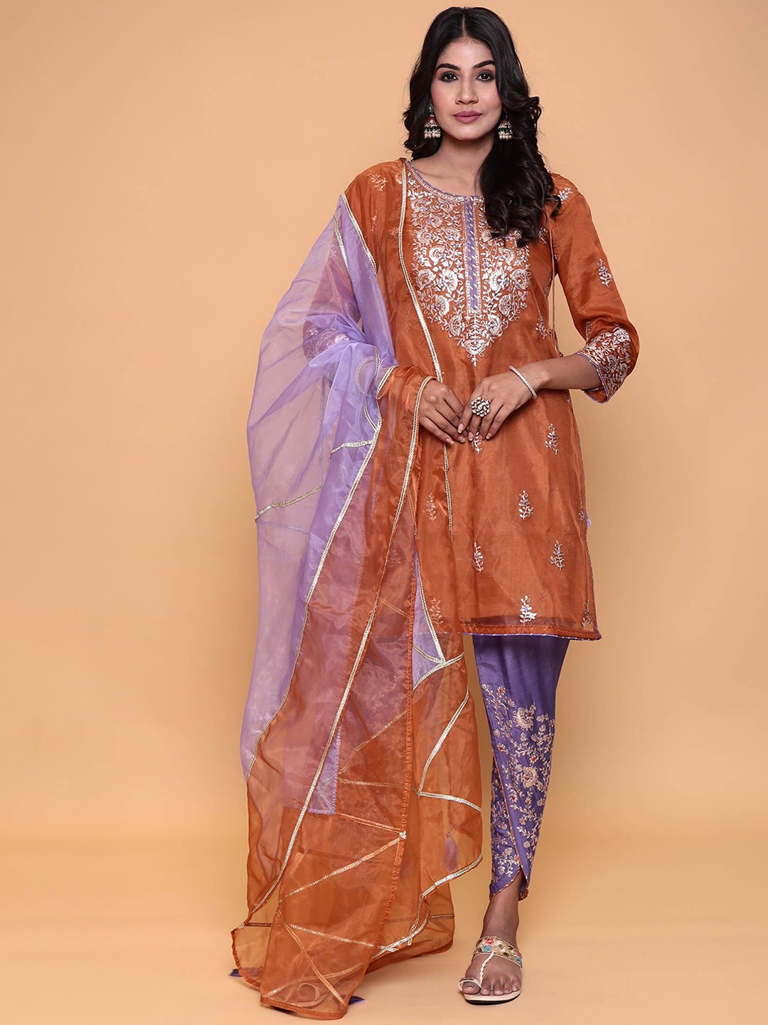 

ZARI Gotta Patti Organza Kurta with Trousers & Dupatta, Brown