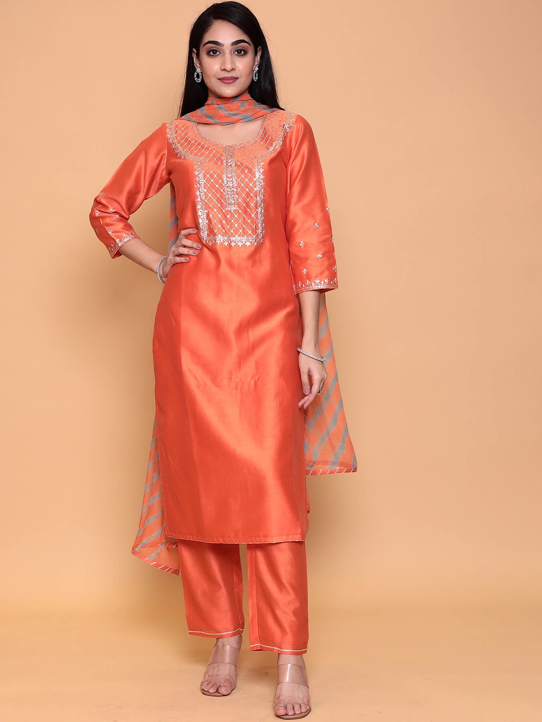 

ZARI Pure Silk Kurta with Trousers & With Dupatta, Orange