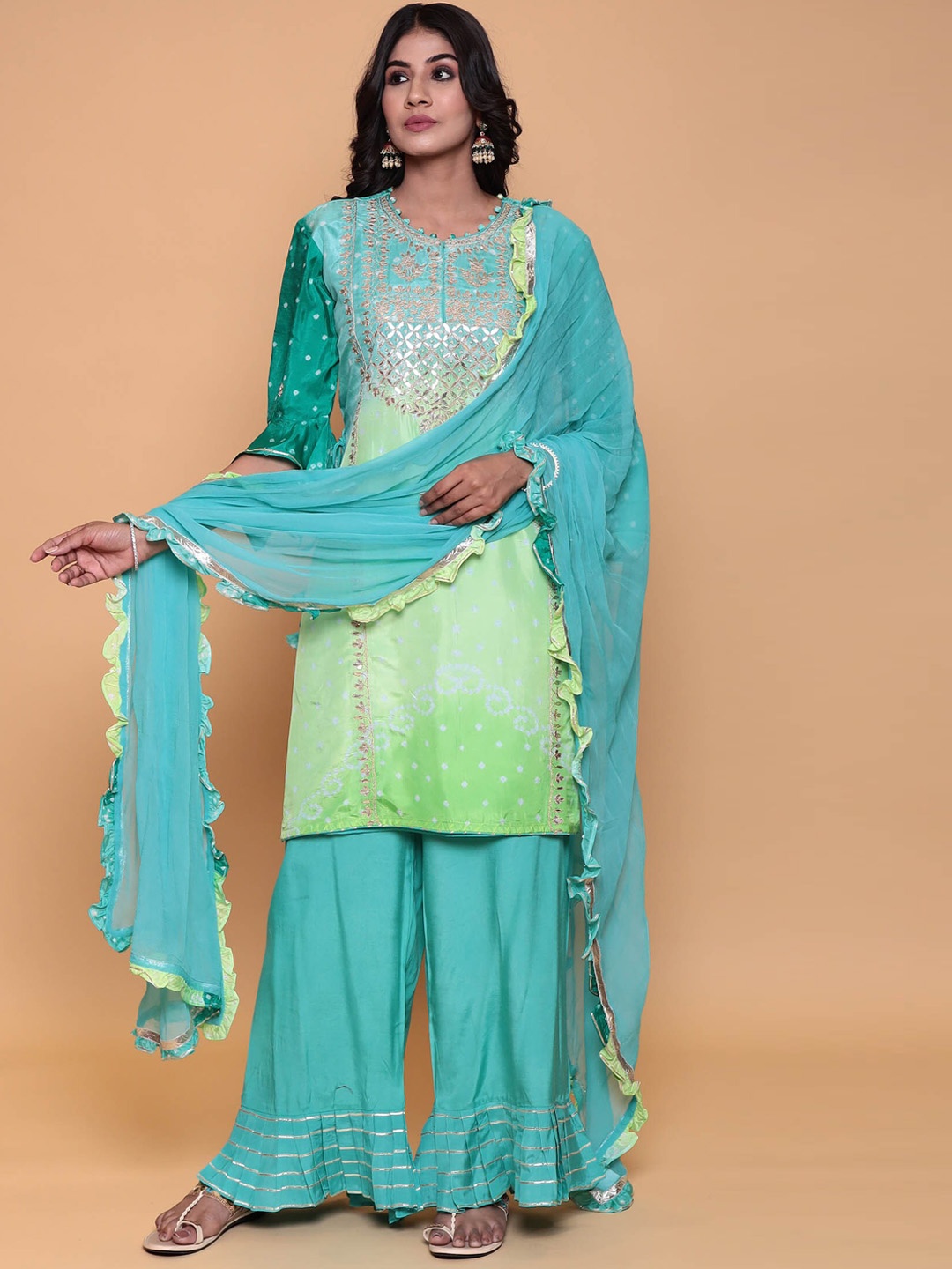 

ZARI Embroidered Gotta Patti Pure Silk Kurta with Trousers & Dupatta, Green