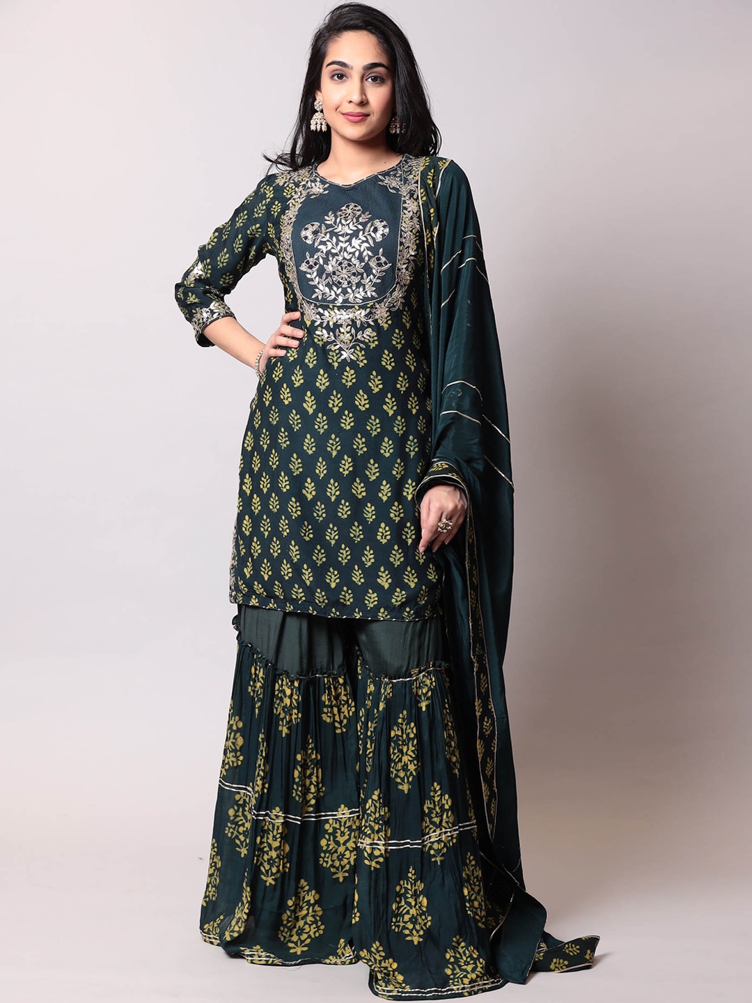 

ZARI Floral Printed Gotta Patti Pure Cotton Kurta With Sharara & Dupatta, Green