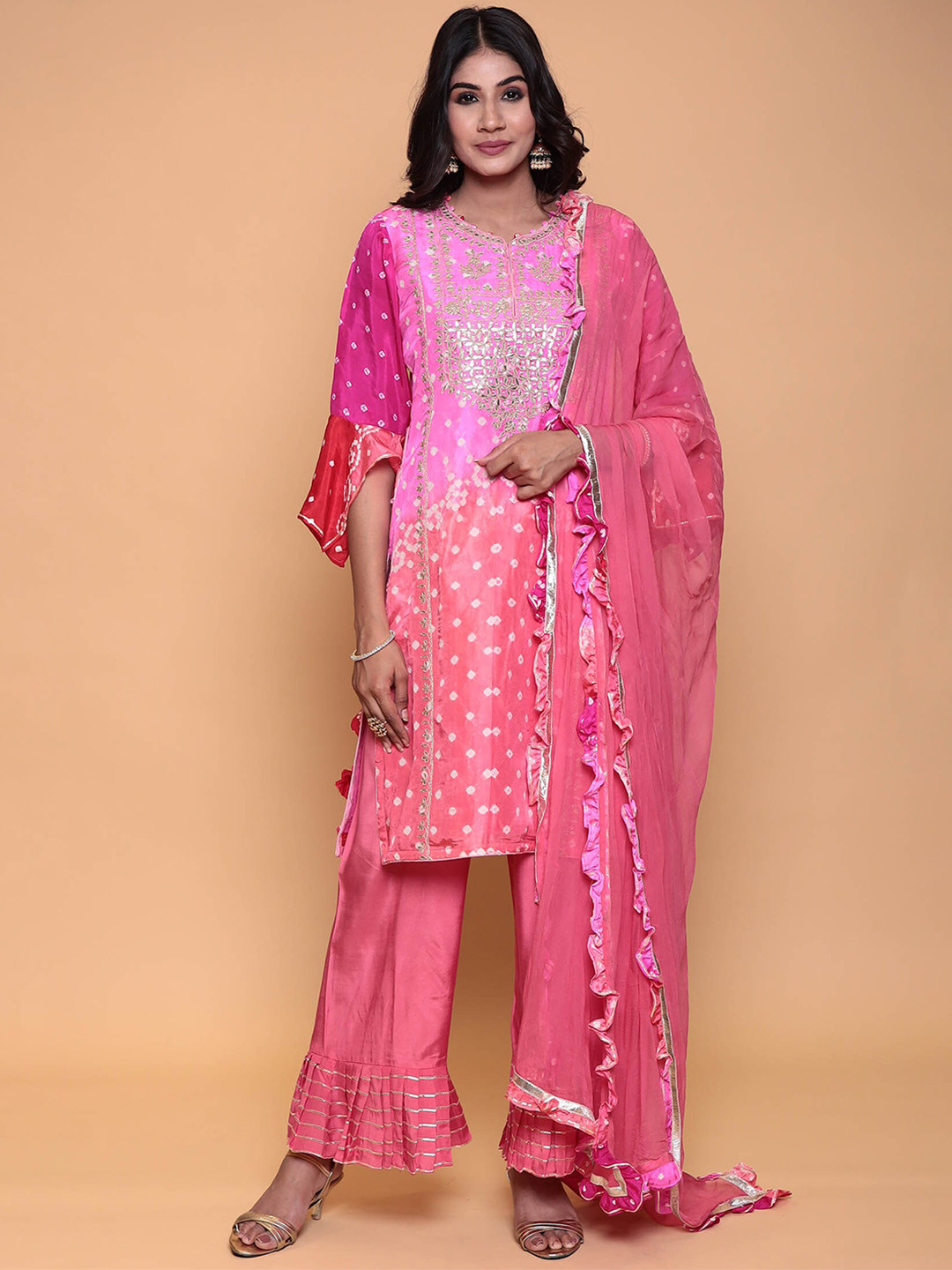 

ZARI Bandhani Printed Gotta Patti Pure Silk Kurta with Sharara & Dupatta, Pink