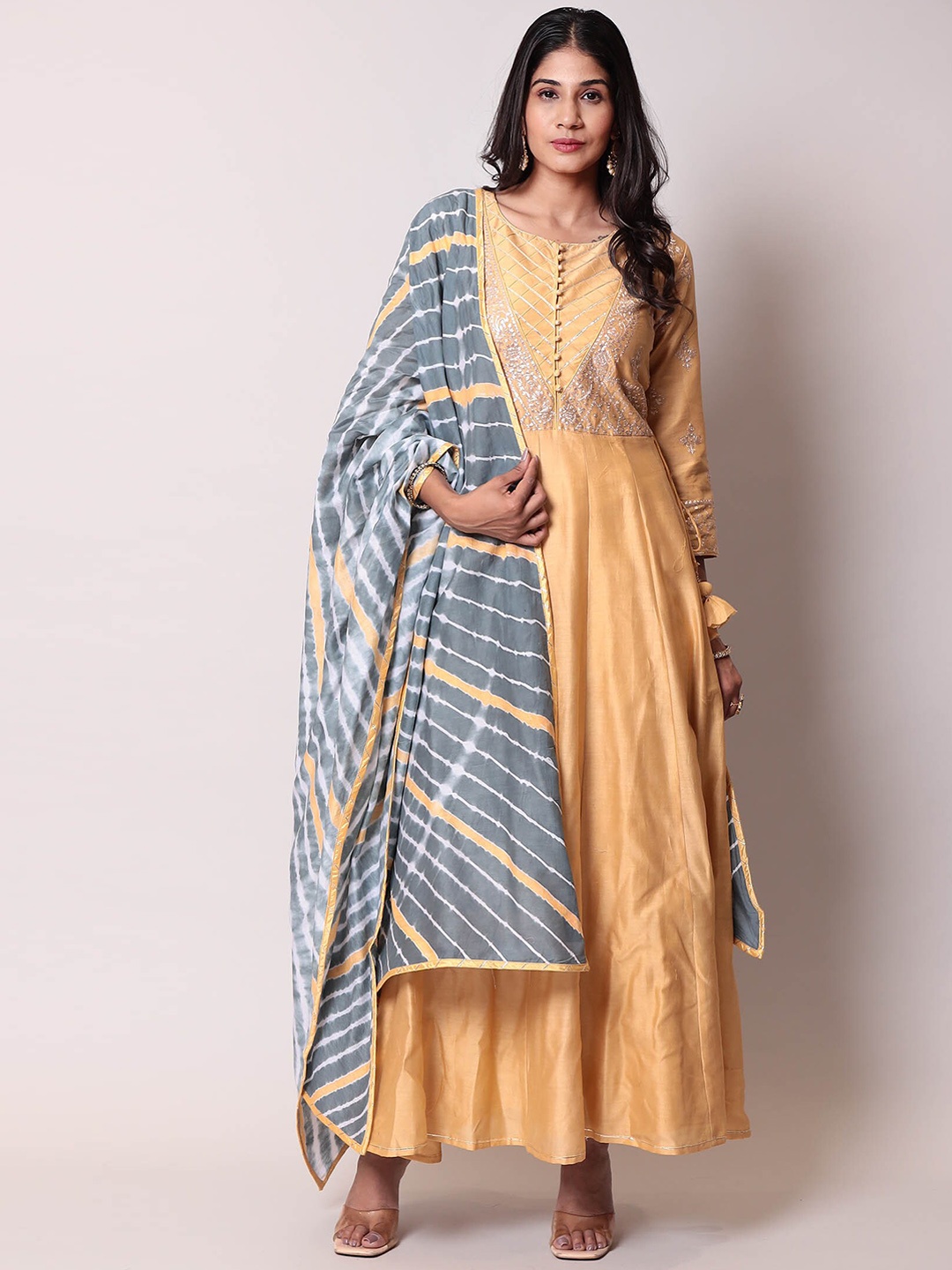 

ZARI Yoke Design Round Neck Thread Work Pure Cotton Kurta with Trousers & Dupatta, Yellow