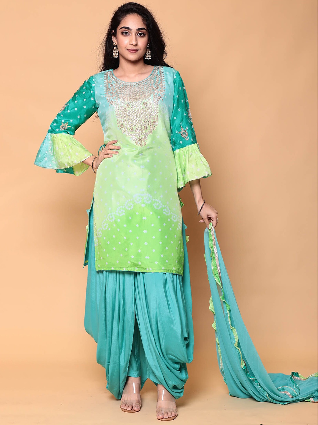 

ZARI Bandhani Dyed Gotta Patti Pure Silk Kurta with Dhoti Pants & With Dupatta, Green