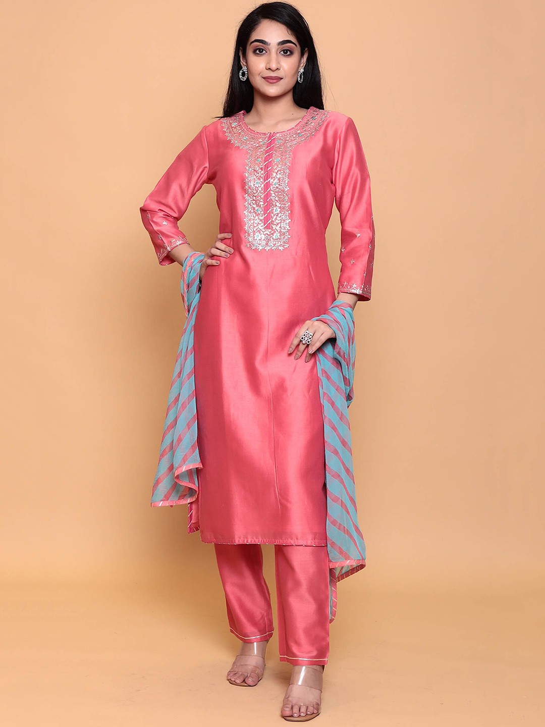 

ZARI Ethnic Motifs Embroidered Pure Silk Kurta with Trousers & Dupatta, Pink