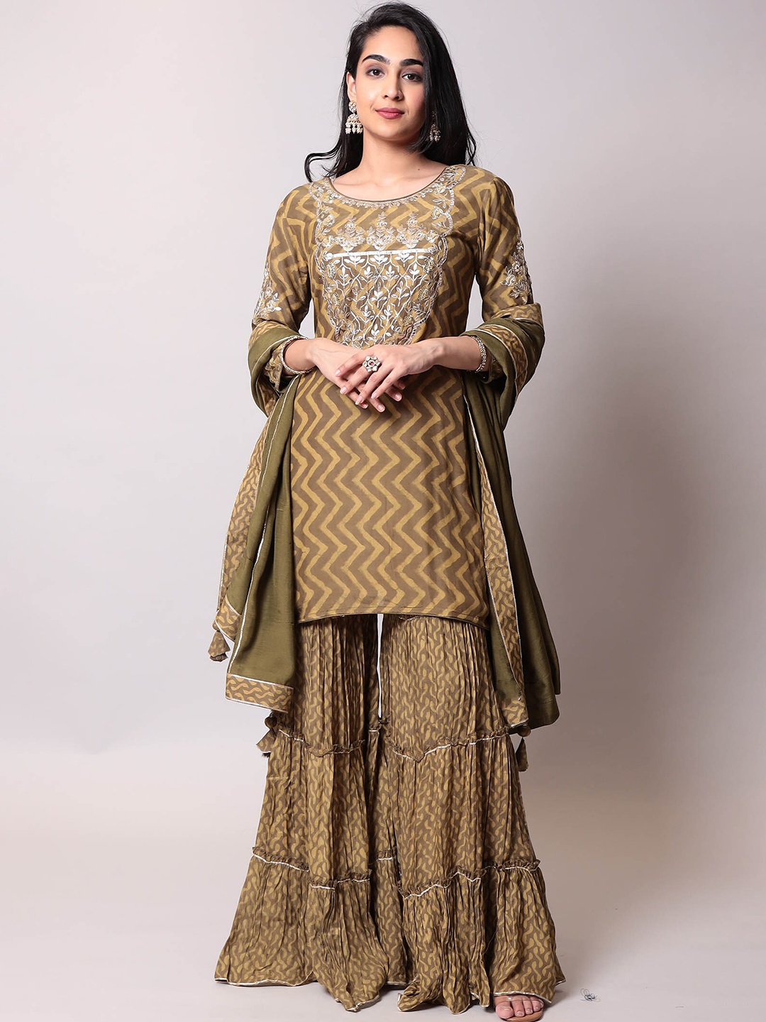 

ZARI Printed Gotta Patti Pure Cotton Kurta with Sharara & Dupatta, Green