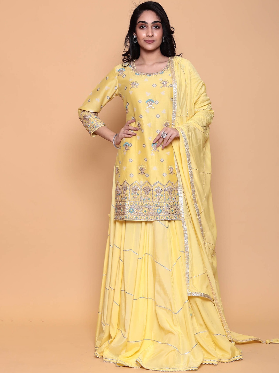 

ZARI Embroidered Pure Silk Kurta with Sharara & Dupatta, Yellow