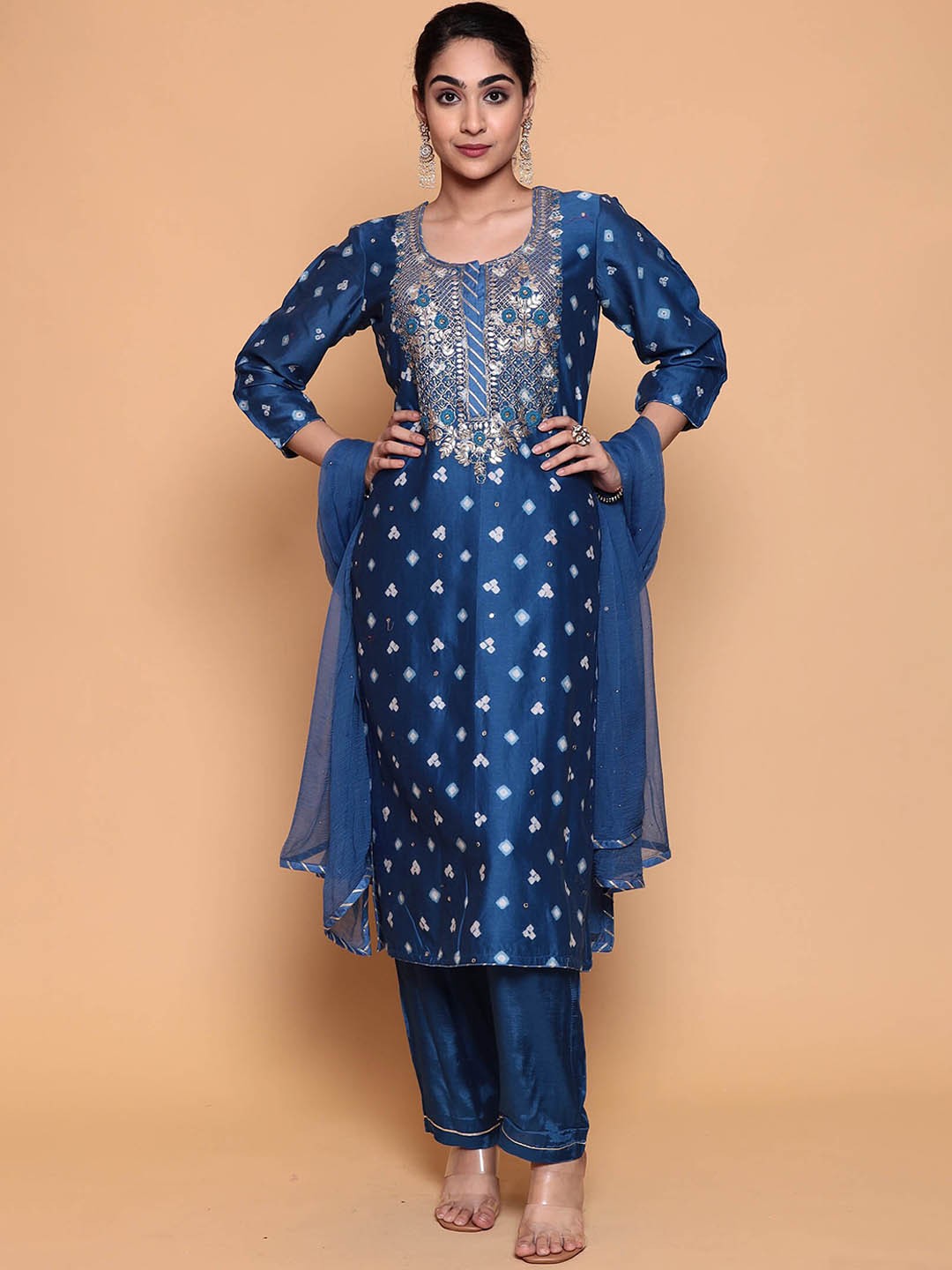 ZARI Floral Embroidered Sequined Pure Cotton Kurta with Trousers & Dupatta, Navy blue