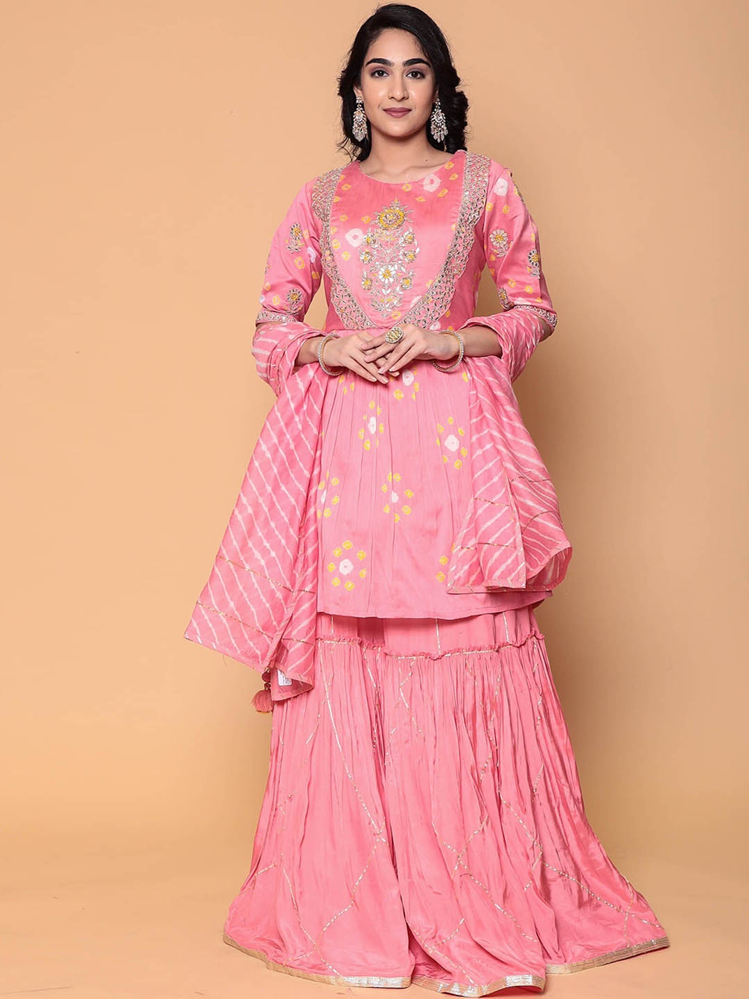 

ZARI Embroidered Pure Silk Kurta with Sharara & Dupatta, Peach
