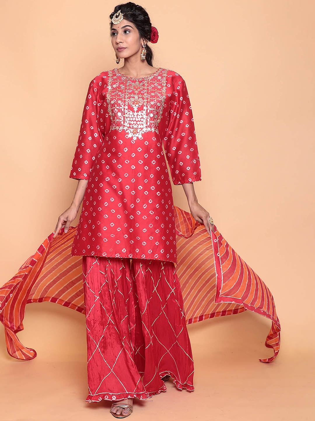 ZARI Bandhani Printed Zardozi Chanderi Silk Kurti With Sharara & Dupatta, Red