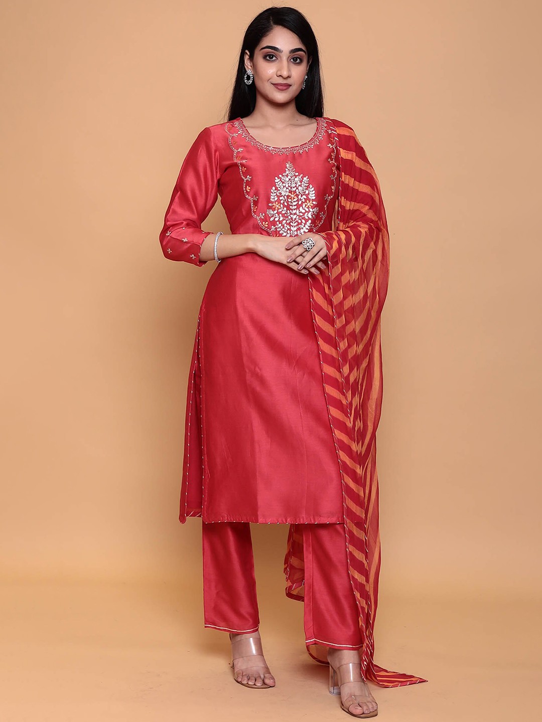 

ZARI Straight Pure Silk Gotta Patti Kurta with Trousers & Dupatta, Red