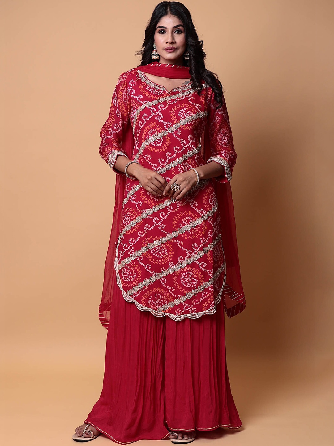 

ZARI Printed Gotta Patti Pure Silk Kurta with Sharara & Dupatta, Red