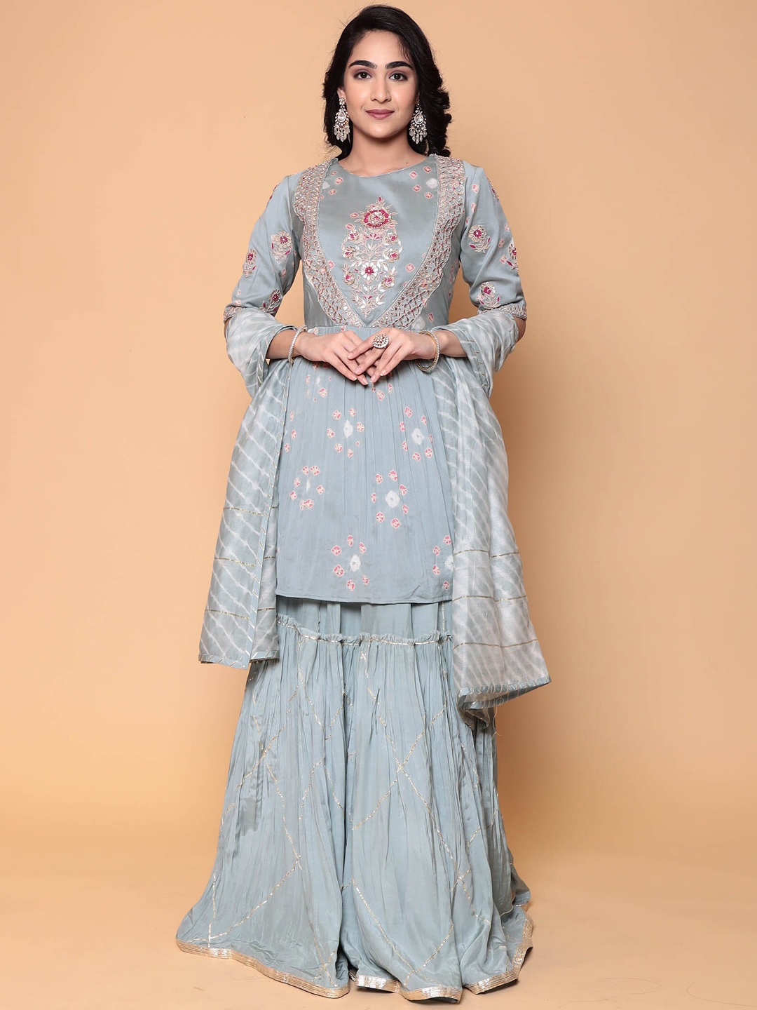 

ZARI Floral Embroidered Pure Silk Kurta with Sharara & Dupatta, Grey